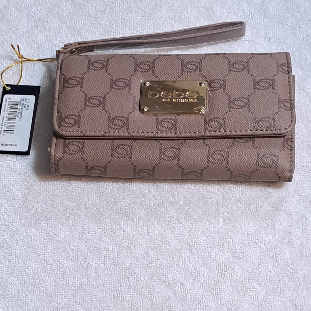 BeBe Los Angeles Taupe Trifold Wallet Wristlet NWT